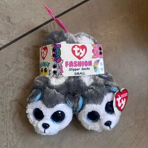 Ty Fashion Slipper Socks with Gray and Blue Husky Design - Slush
